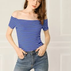 Allegra K Women's Slim Fit Short Sleeves Off The Shoulder Cropped Top