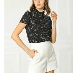 Allegra K Women's Ruffle Polkd Dots Stand Collar Short Sleeve Blouse Tops