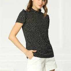 Allegra K Women's Ruffle Polkd Dots Stand Collar Short Sleeve Blouse Tops