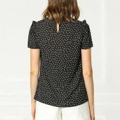 Allegra K Women's Ruffle Polkd Dots Stand Collar Short Sleeve Blouse Tops