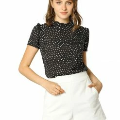 Allegra K Women's Ruffle Polkd Dots Stand Collar Short Sleeve Blouse Tops