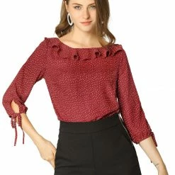 Allegra K Women's Ruffled Neck Half Sleeve Summer Polka Dot Blouse Tops