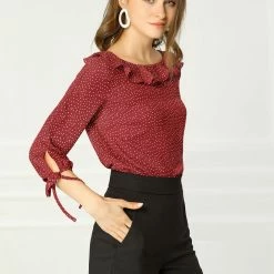 Allegra K Women's Ruffled Neck Half Sleeve Summer Polka Dot Blouse Tops