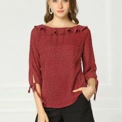 Allegra K Women's Ruffled Neck Half Sleeve Summer Polka Dot Blouse Tops