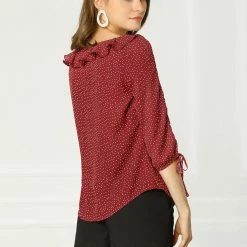 Allegra K Women's Ruffled Neck Half Sleeve Summer Polka Dot Blouse Tops