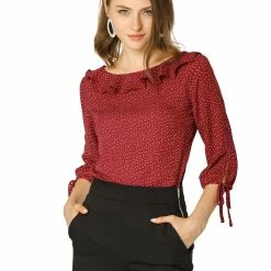 Allegra K Women's Ruffled Neck Half Sleeve Summer Polka Dot Blouse Tops