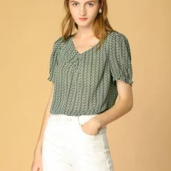 Allegra K Women's Chiffon Short Sleeve Tops Blouses Ruffle Dog Printed Tee Shirts