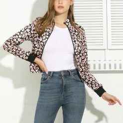 Allegra K Women's Turn-Down Collar Zip Up Elastic Hem Printed Short Bomber Jacket