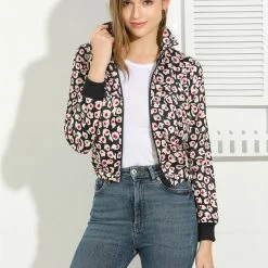 Allegra K Women's Turn-Down Collar Zip Up Elastic Hem Printed Short Bomber Jacket