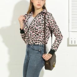 Allegra K Women's Turn-Down Collar Zip Up Elastic Hem Printed Short Bomber Jacket