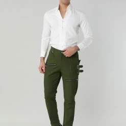 Allegra K HZ150306 Men Casual Slim Fit Pockets Patch Buckle Zipper Gothic Punk Rock Pants