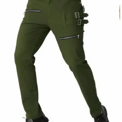 Allegra K HZ150306 Men Casual Slim Fit Pockets Patch Buckle Zipper Gothic Punk Rock Pants
