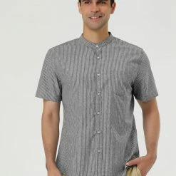 Allegra K HZ160507 Men Stripe Collarless Short Sleeves Button Up Shirt With Pocket 43 Allegra K HZ160507 Men Stripe Collarless Short Sleeves Button Up Shirt With Pocket