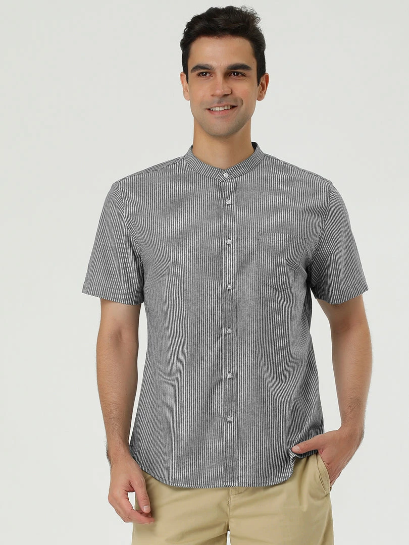 Allegra K HZ160507 Men Stripe Collarless Short Sleeves Button Up Shirt With Pocket 19 Allegra K HZ160507 Men Stripe Collarless Short Sleeves Button Up Shirt With Pocket