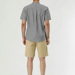 Allegra K HZ160507 Men Stripe Collarless Short Sleeves Button Up Shirt With Pocket 44 Allegra K HZ160507 Men Stripe Collarless Short Sleeves Button Up Shirt With Pocket