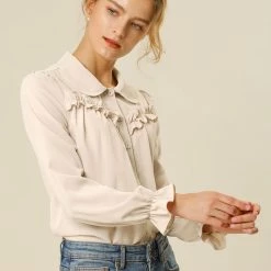 Women Allegra K Button Down Long Sleeve Elastic Cuff Ruffle Detail Blouse