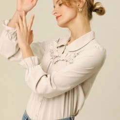 Women Allegra K Button Down Long Sleeve Elastic Cuff Ruffle Detail Blouse