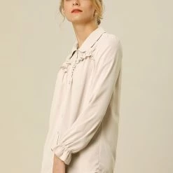 Women Allegra K Button Down Long Sleeve Elastic Cuff Ruffle Detail Blouse