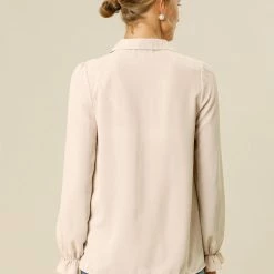 Women Allegra K Button Down Long Sleeve Elastic Cuff Ruffle Detail Blouse