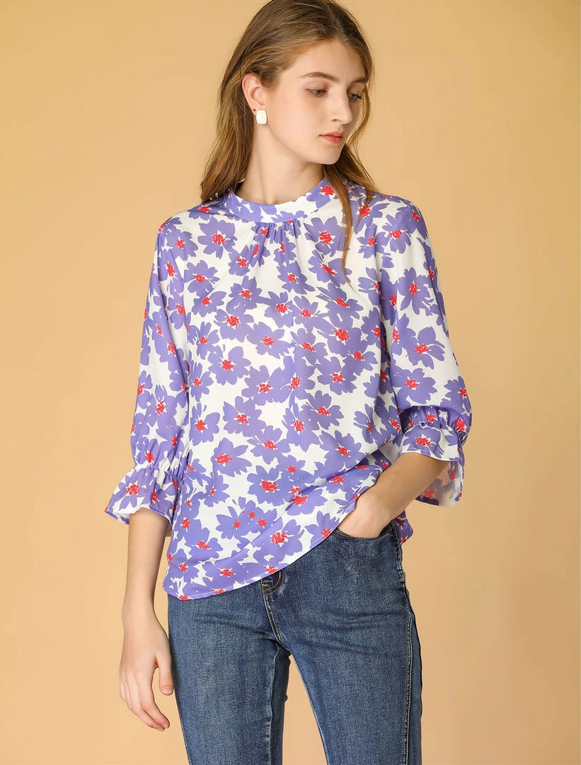 Allegra K Women's Ruffle 3/4 Sleeves Pleated Stand Collar Tie Keyhole Back Floral Printed Blouse Top 5 Allegra K Women's Ruffle 3/4 Sleeves Pleated Stand Collar Tie Keyhole Back Floral Printed Blouse Top