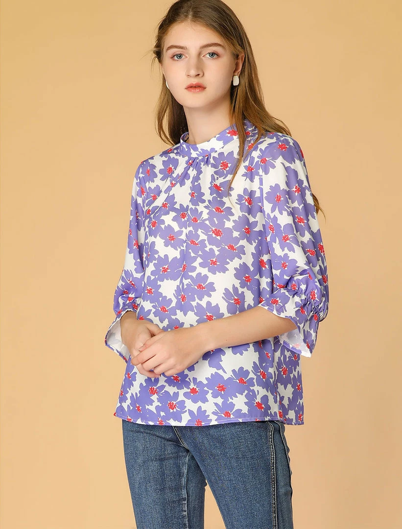 Allegra K Women's Ruffle 3/4 Sleeves Pleated Stand Collar Tie Keyhole Back Floral Printed Blouse Top 6 Allegra K Women's Ruffle 3/4 Sleeves Pleated Stand Collar Tie Keyhole Back Floral Printed Blouse Top