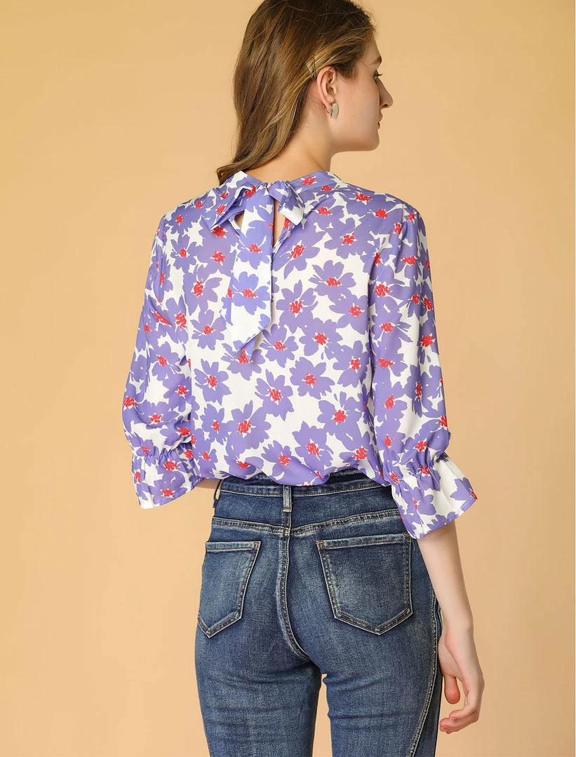 Allegra K Women's Ruffle 3/4 Sleeves Pleated Stand Collar Tie Keyhole Back Floral Printed Blouse Top 8 Allegra K Women's Ruffle 3/4 Sleeves Pleated Stand Collar Tie Keyhole Back Floral Printed Blouse Top