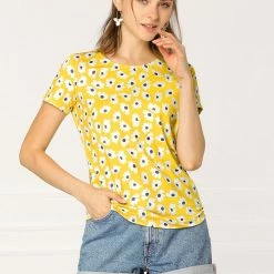 Allegra K Women's Daisy Floral Print Top Summer Crew Neck Short Sleeve Blouse Shirt