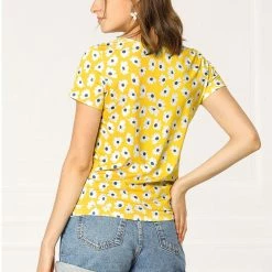 Allegra K Women's Daisy Floral Print Top Summer Crew Neck Short Sleeve Blouse Shirt