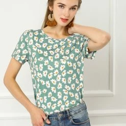 Allegra K Women's Daisy Floral Print Top Summer Crew Neck Short Sleeve Blouse Shirt