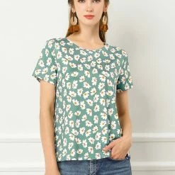 Allegra K Women's Daisy Floral Print Top Summer Crew Neck Short Sleeve Blouse Shirt