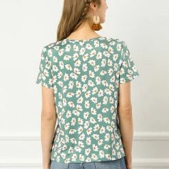 Allegra K Women's Daisy Floral Print Top Summer Crew Neck Short Sleeve Blouse Shirt