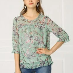 Allegra K Women's Casual Ruffle 3/4 Sleeve Floral Print Chiffon Blouse 62 Allegra K Women's Casual Ruffle 3/4 Sleeve Floral Print Chiffon Blouse