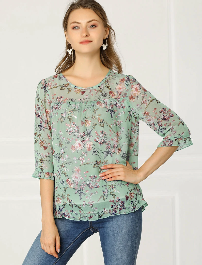 Allegra K Women's Casual Ruffle 3/4 Sleeve Floral Print Chiffon Blouse 10 Allegra K Women's Casual Ruffle 3/4 Sleeve Floral Print Chiffon Blouse