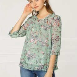 Allegra K Women's Casual Ruffle 3/4 Sleeve Floral Print Chiffon Blouse 63 Allegra K Women's Casual Ruffle 3/4 Sleeve Floral Print Chiffon Blouse