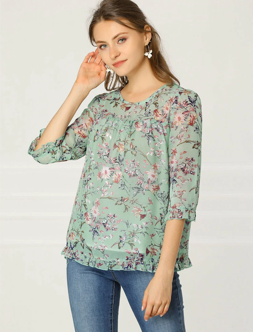 Allegra K Women's Casual Ruffle 3/4 Sleeve Floral Print Chiffon Blouse 11 Allegra K Women's Casual Ruffle 3/4 Sleeve Floral Print Chiffon Blouse
