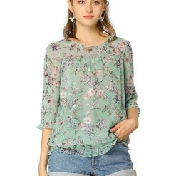 Allegra K Women's Casual Ruffle 3/4 Sleeve Floral Print Chiffon Blouse 61 Allegra K Women's Casual Ruffle 3/4 Sleeve Floral Print Chiffon Blouse