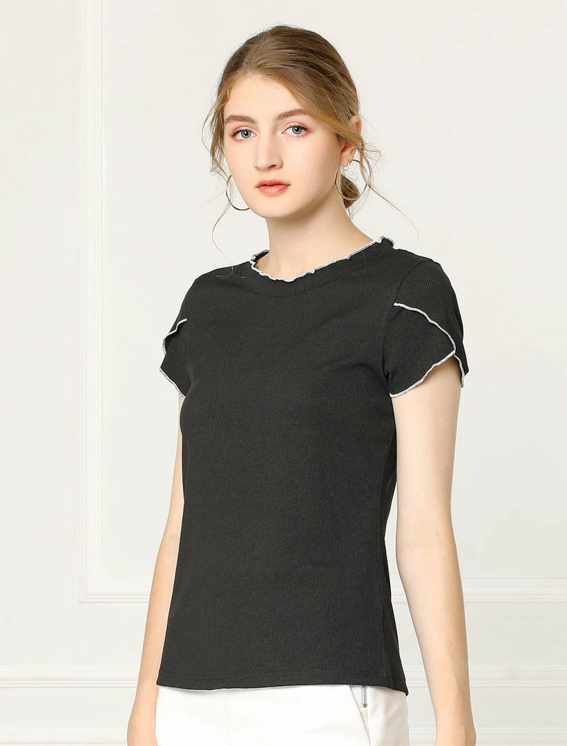 Allegra K Women's Elegant Tops Contrast Color Round Neck Cap Sleeve Solid Casual Shirt 16 Allegra K Women's Elegant Tops Contrast Color Round Neck Cap Sleeve Solid Casual Shirt