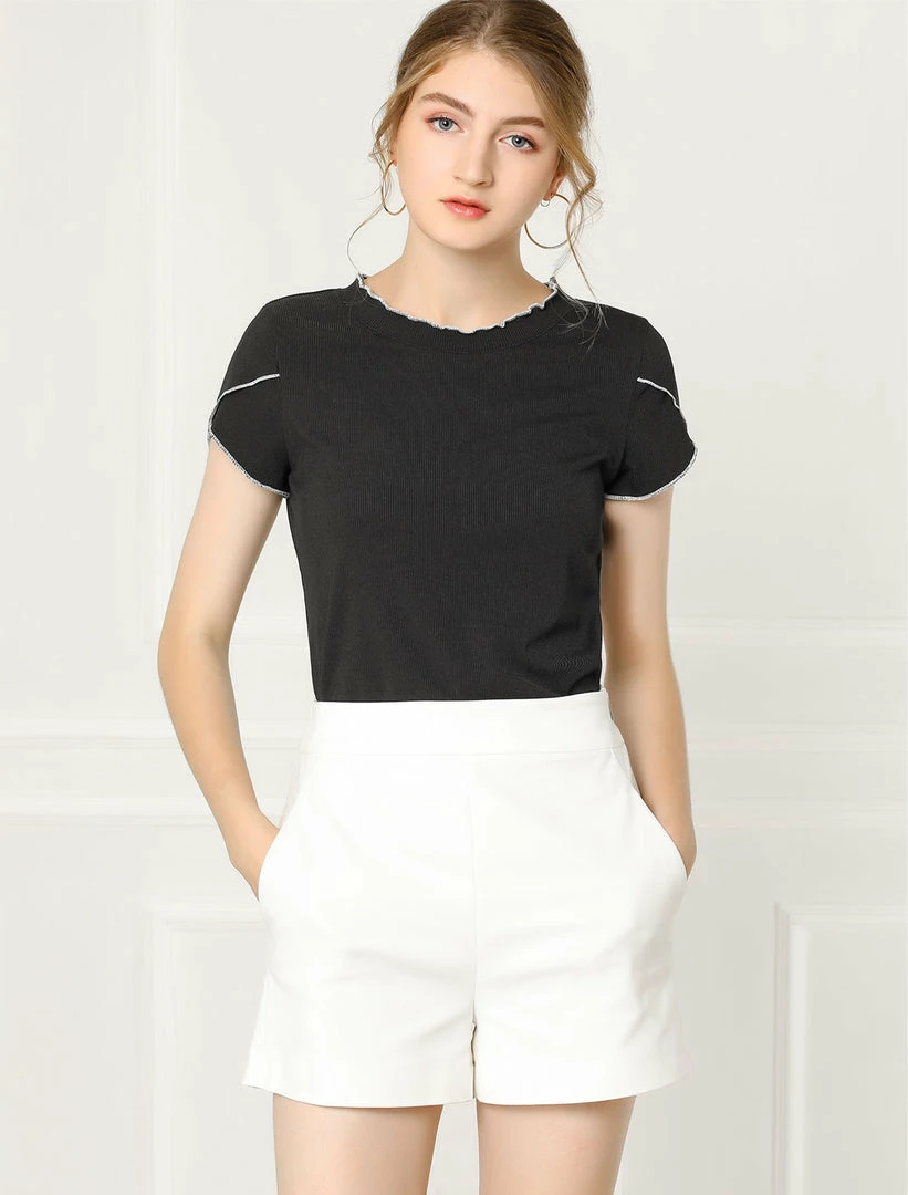 Allegra K Women's Elegant Tops Contrast Color Round Neck Cap Sleeve Solid Casual Shirt 17 Allegra K Women's Elegant Tops Contrast Color Round Neck Cap Sleeve Solid Casual Shirt