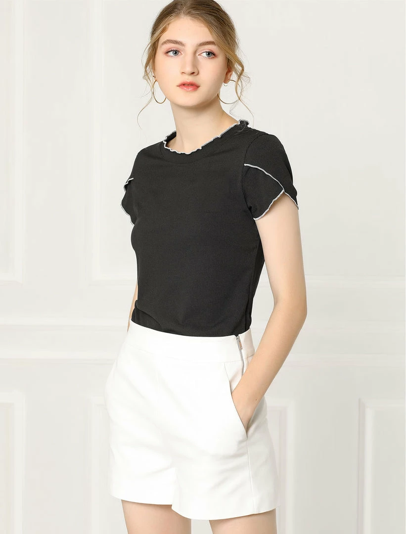 Allegra K Women's Elegant Tops Contrast Color Round Neck Cap Sleeve Solid Casual Shirt 18 Allegra K Women's Elegant Tops Contrast Color Round Neck Cap Sleeve Solid Casual Shirt