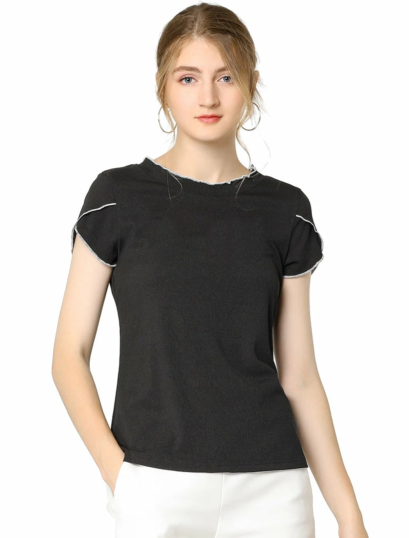 Allegra K Women's Elegant Tops Contrast Color Round Neck Cap Sleeve Solid Casual Shirt 15 Allegra K Women's Elegant Tops Contrast Color Round Neck Cap Sleeve Solid Casual Shirt