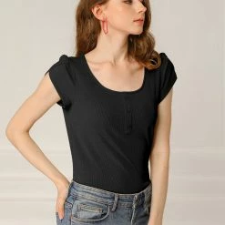 Allegra K Women's Scoop Neck Short Tulip Sleeves Ribbed Blouse Top 23 Allegra K Women's Scoop Neck Short Tulip Sleeves Ribbed Blouse Top