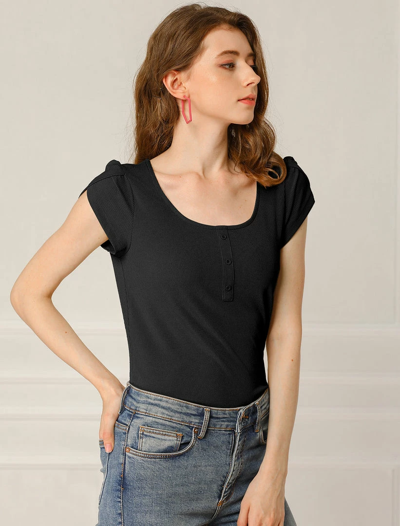 Allegra K Women's Scoop Neck Short Tulip Sleeves Ribbed Blouse Top 11 Allegra K Women's Scoop Neck Short Tulip Sleeves Ribbed Blouse Top
