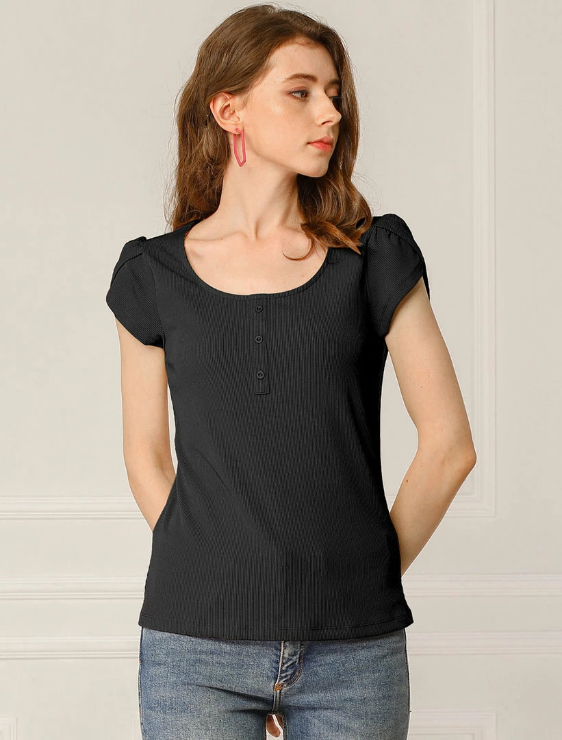Allegra K Women's Scoop Neck Short Tulip Sleeves Ribbed Blouse Top 12 Allegra K Women's Scoop Neck Short Tulip Sleeves Ribbed Blouse Top