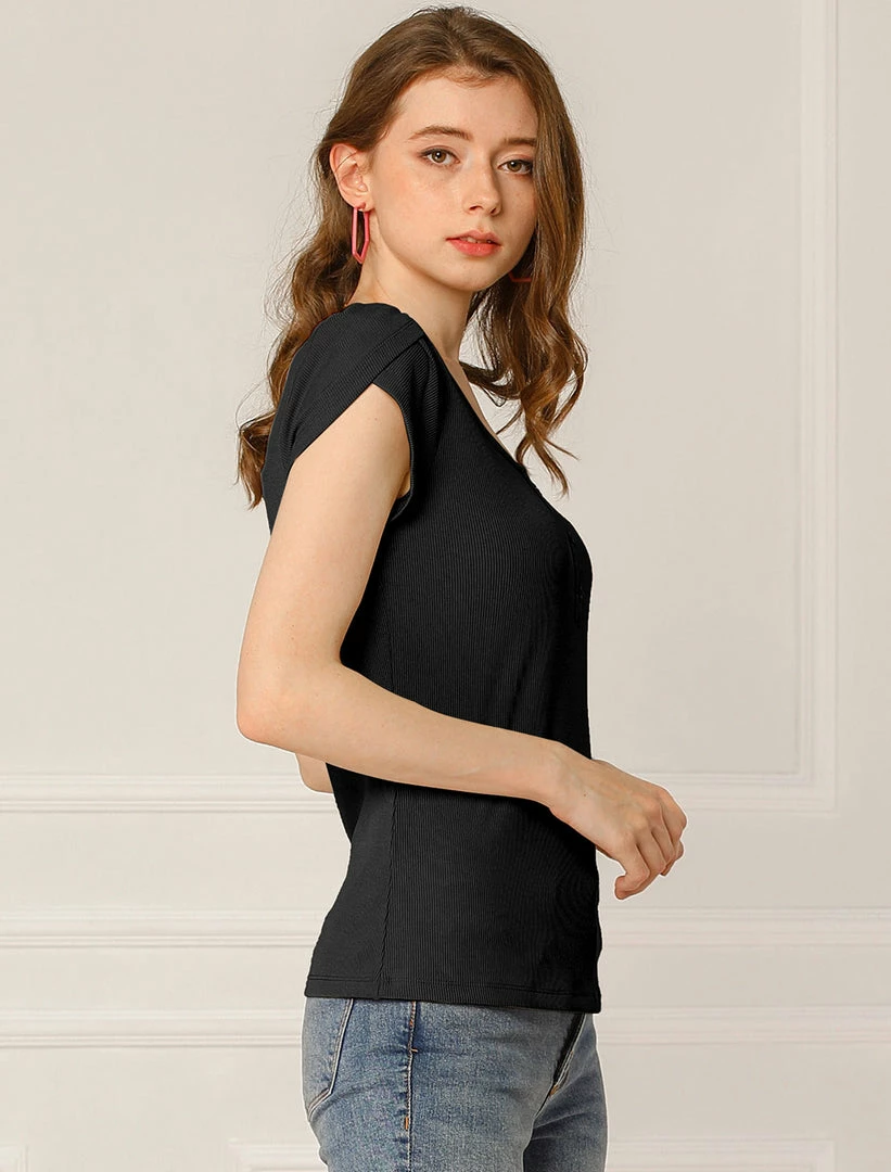 Allegra K Women's Scoop Neck Short Tulip Sleeves Ribbed Blouse Top 13 Allegra K Women's Scoop Neck Short Tulip Sleeves Ribbed Blouse Top