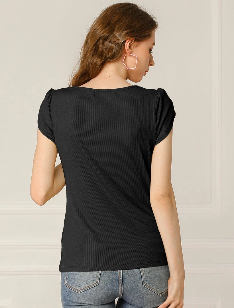 Allegra K Women's Scoop Neck Short Tulip Sleeves Ribbed Blouse Top 14 Allegra K Women's Scoop Neck Short Tulip Sleeves Ribbed Blouse Top