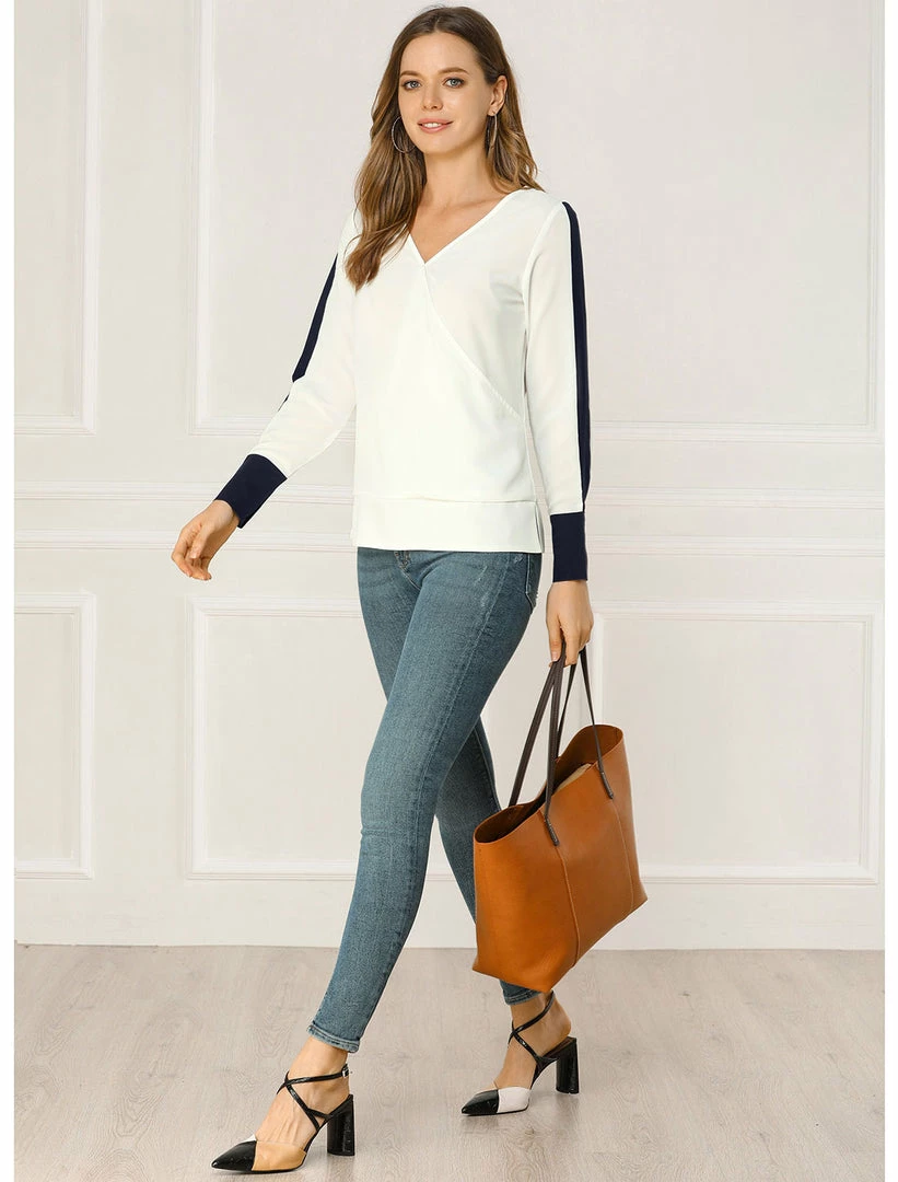 Allegra K Women's Chiffon Work Office V Neck Contrast Piping Loose Faux Wrap Top Blouse 6 Allegra K Women's Chiffon Work Office V Neck Contrast Piping Loose Faux Wrap Top Blouse
