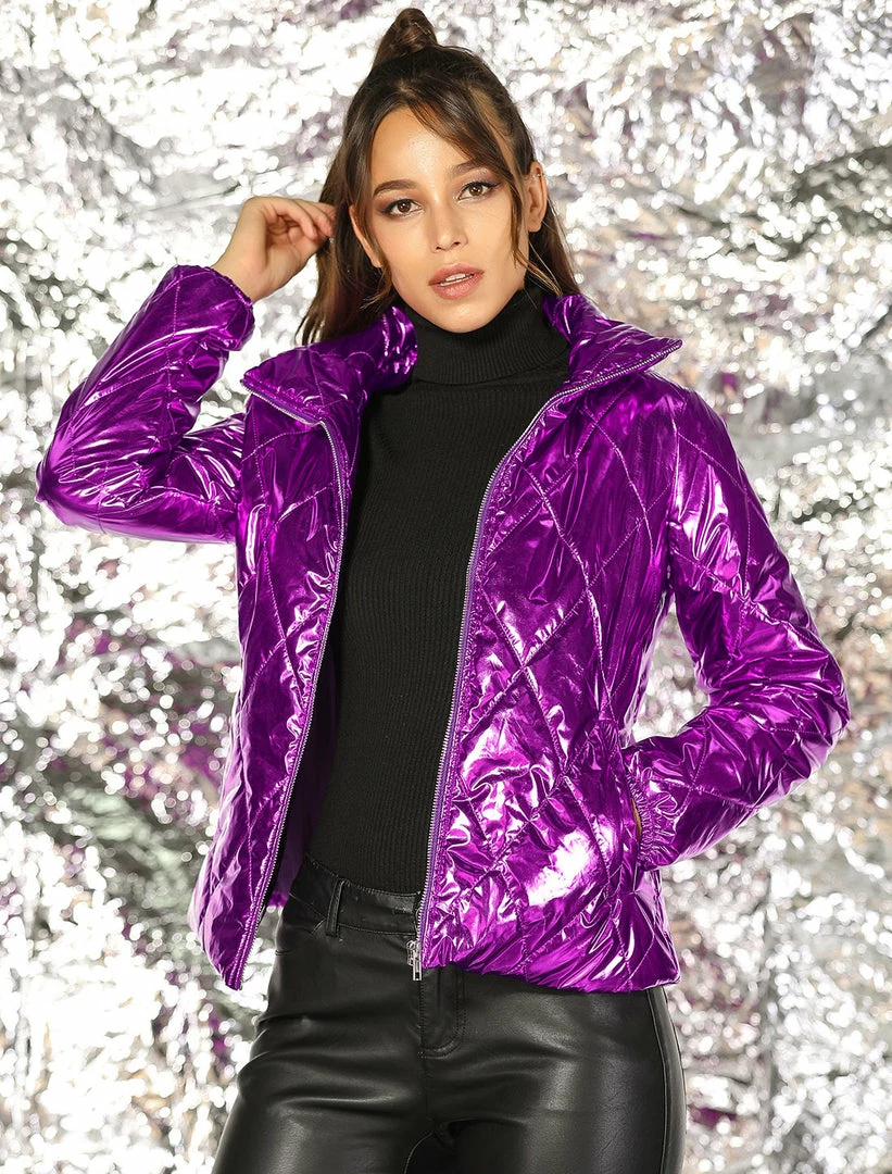 Allegra K Women's Holographic Shiny Zipper Quilting Metallic Down Puffer Jacket 5 Allegra K Women's Holographic Shiny Zipper Quilting Metallic Down Puffer Jacket