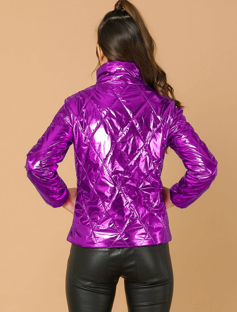 Allegra K Women's Holographic Shiny Zipper Quilting Metallic Down Puffer Jacket 8 Allegra K Women's Holographic Shiny Zipper Quilting Metallic Down Puffer Jacket