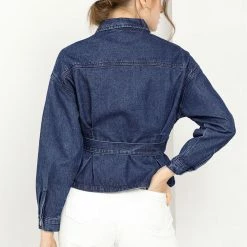 Allegra K Women's Long Sleeve Turn Down Collar Drop Shoulder Tie Waist Belted Button Up Denim Jacket 14 Allegra K Women's Long Sleeve Turn Down Collar Drop Shoulder Tie Waist Belted Button Up Denim Jacket