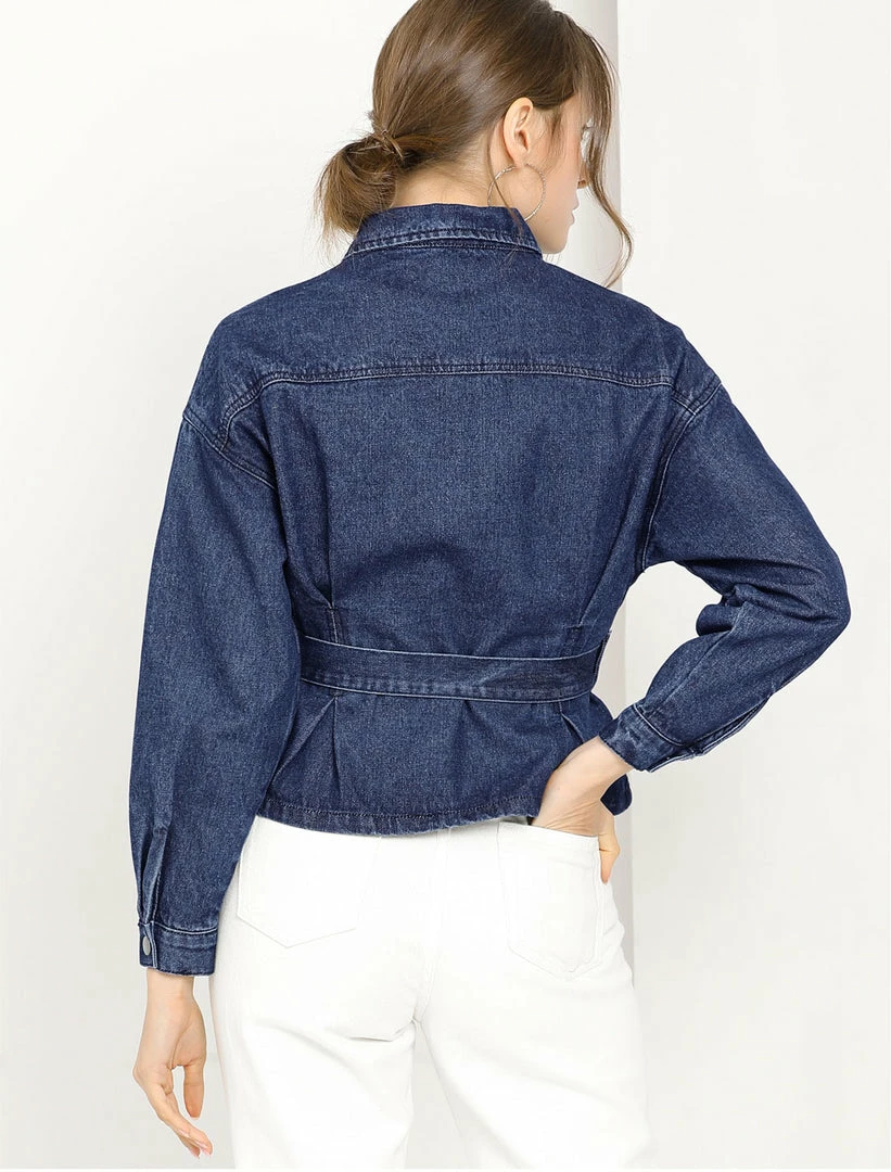 Allegra K Women's Long Sleeve Turn Down Collar Drop Shoulder Tie Waist Belted Button Up Denim Jacket 8 Allegra K Women's Long Sleeve Turn Down Collar Drop Shoulder Tie Waist Belted Button Up Denim Jacket